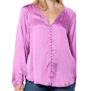 La Joie Violet Satin Button Up Long Sleeve Blouse Plus Size 3X